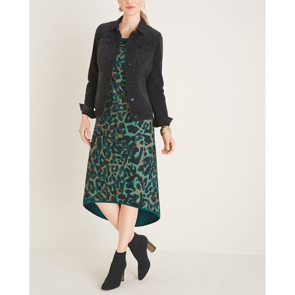 Chicos Womens Green Leopard Animal Print High Low Hem Dress size 0 2 - Picture 2 of 15